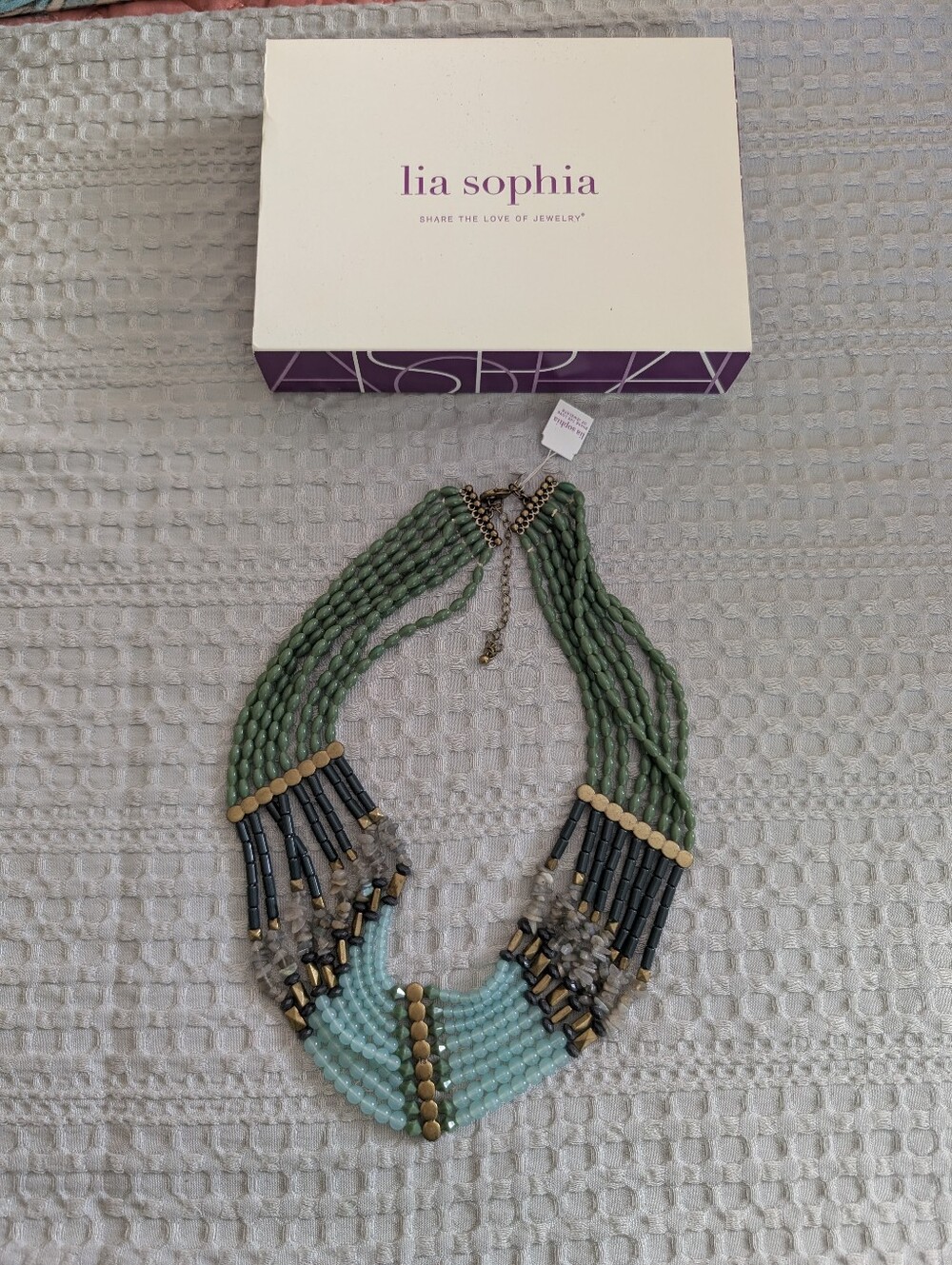 Goddess lia sophia Green and Aqua Multi-Strand Beaded Necklace with Gold Accents